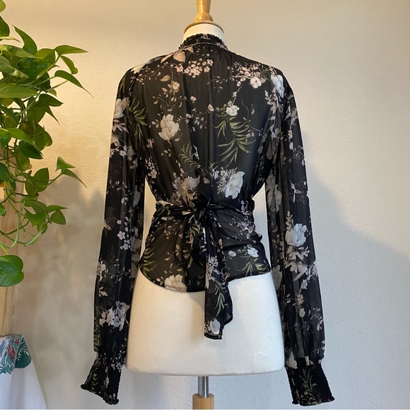 Sheer black floral high neck tie waist blouse - Picture 2 of 15